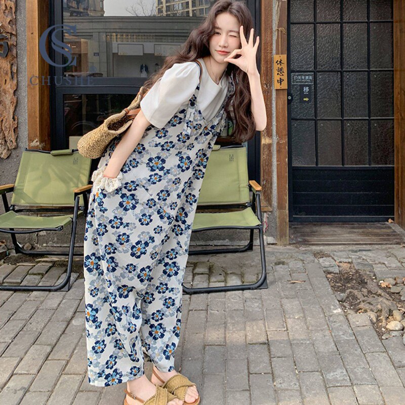 印花背带裤女2026夏新款宽松显瘦休闲时尚减龄气质直筒阔腿连体裤