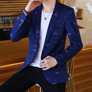 春秋季西服男款修身韩版彩印气质休闲小西装潮流外套单西上衣男