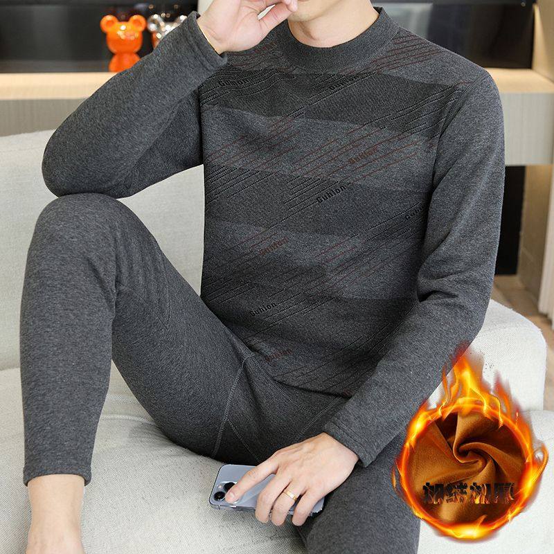 秋冬季保暖内衣男士加绒加厚秋衣秋裤套装中老年人爸爸打底棉毛衫