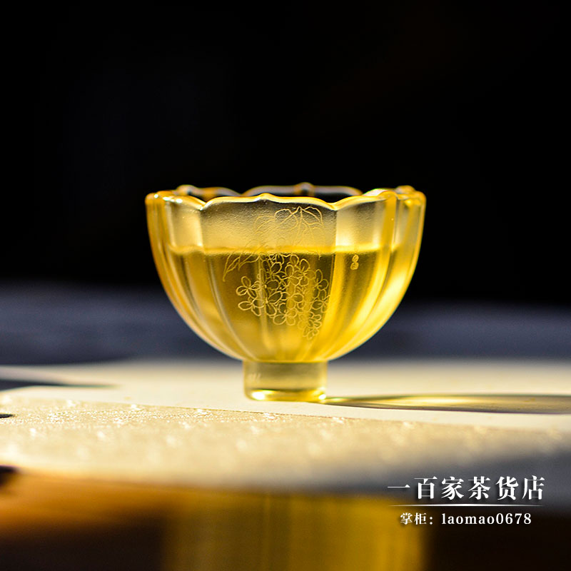 梁明毓古法琉璃 金色花信2 刻花雕刻丁香品茗杯手画原创设计茶器