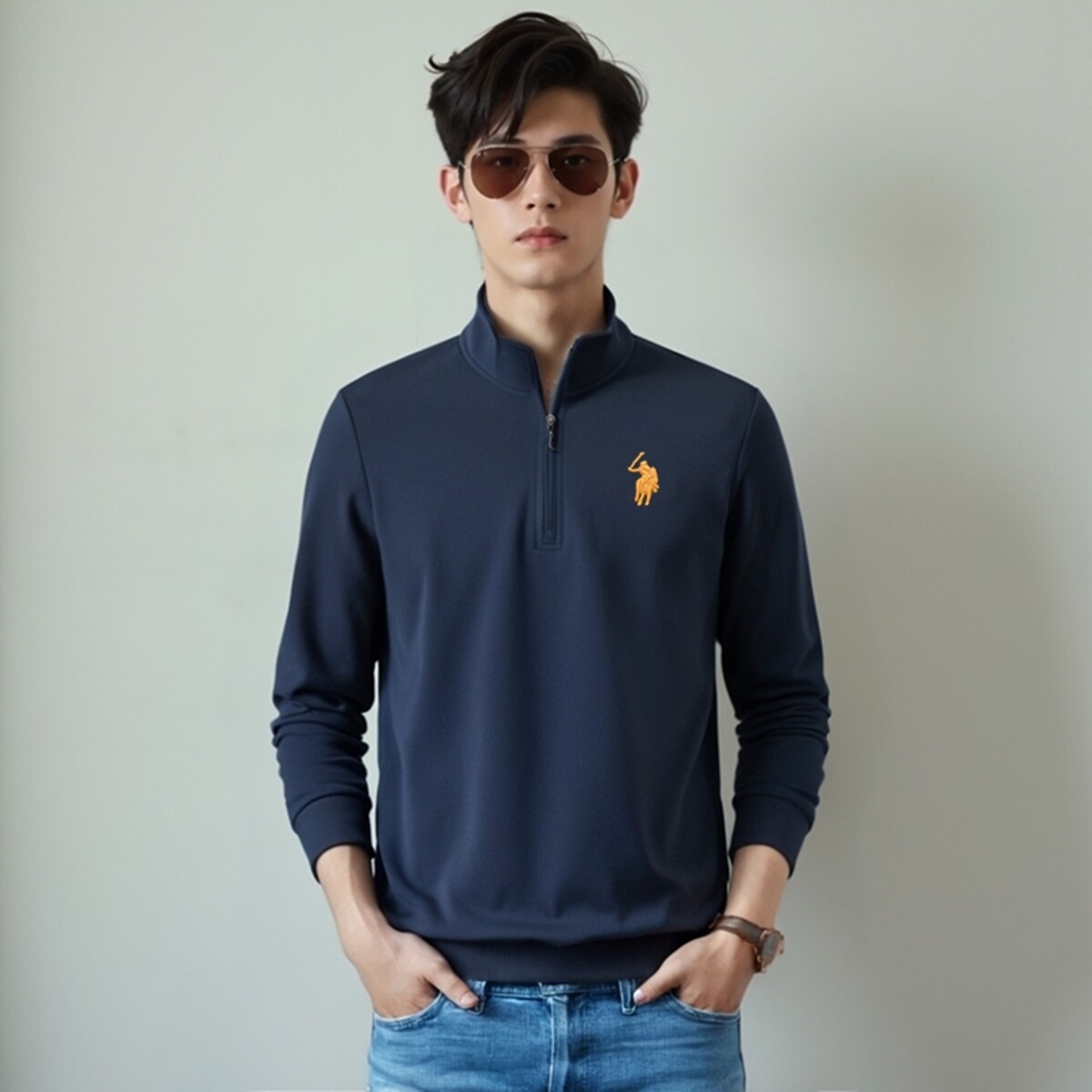 正品保罗春秋绣花logo立领青年男士半拉链长袖大码爸爸装上衣外套