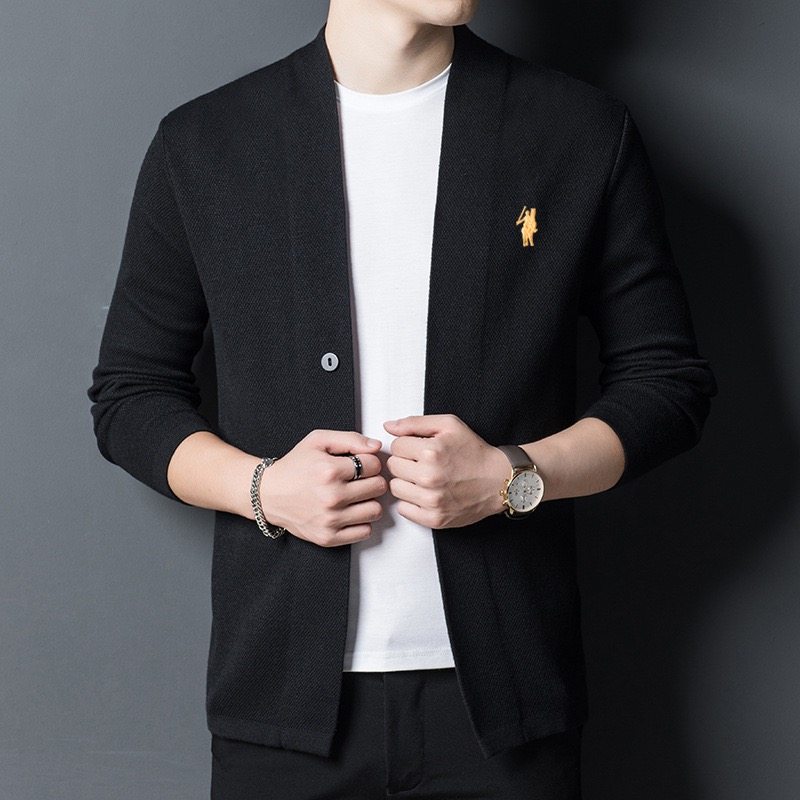 保罗春秋季新款高端男士宽松长袖休闲时尚针织开衫毛衣纯色外套