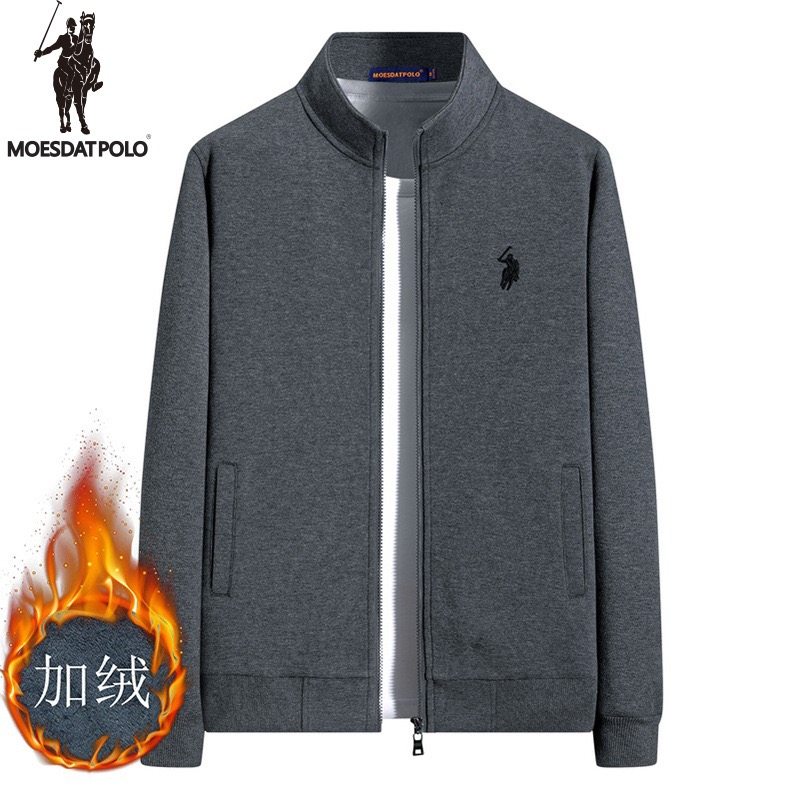 正品保罗新款秋冬中青年男士加绒立领开衫宽松时尚休闲绣花外套