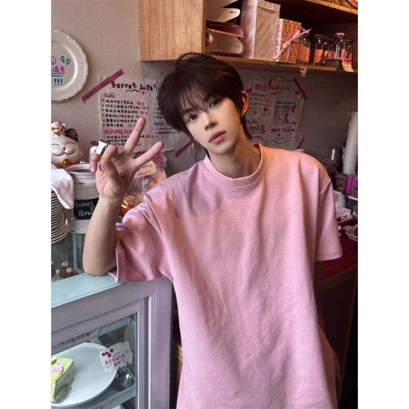 300克重磅麂皮粉色t恤男夏季小领口短袖美式高街ootd穿搭七分半袖