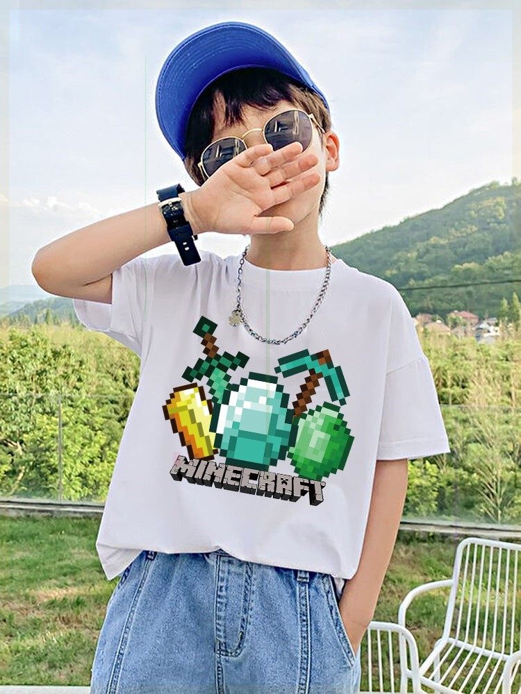 我的世界方块游戏周边儿童打底短袖T恤睡衣童服装套装男孩印花袖