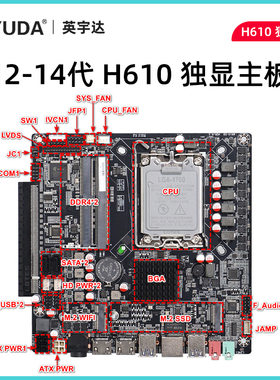 英宇达H610ITX主板支持2-16G侧插独显PCIE广告机显卡机箱12-14cpu