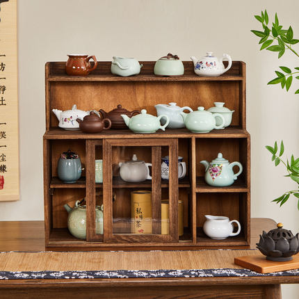 实木桌面防尘博古架茶杯架茶具置物架展示收纳柜化妆品餐边柜茶柜