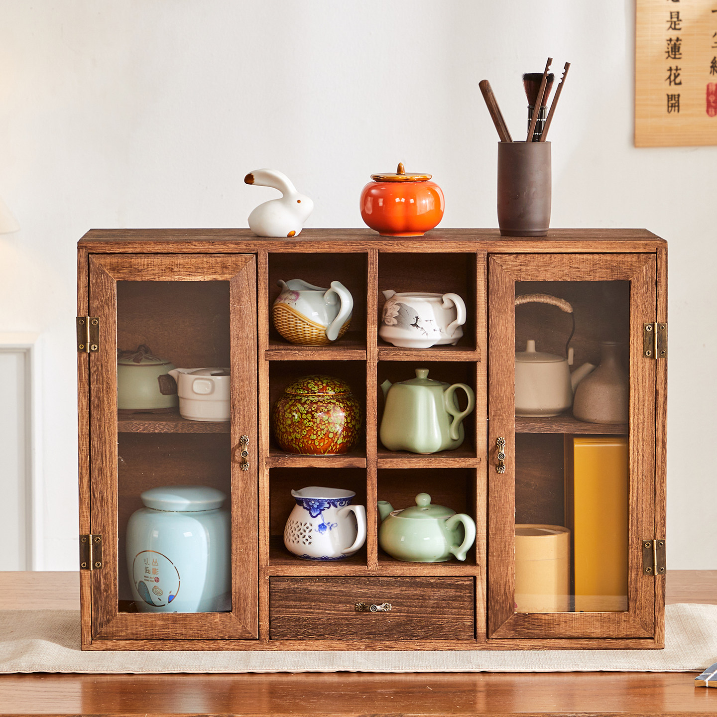 实木中式桌面收纳盒防尘茶壶化妆品置物架茶具展示架收纳柜多宝格