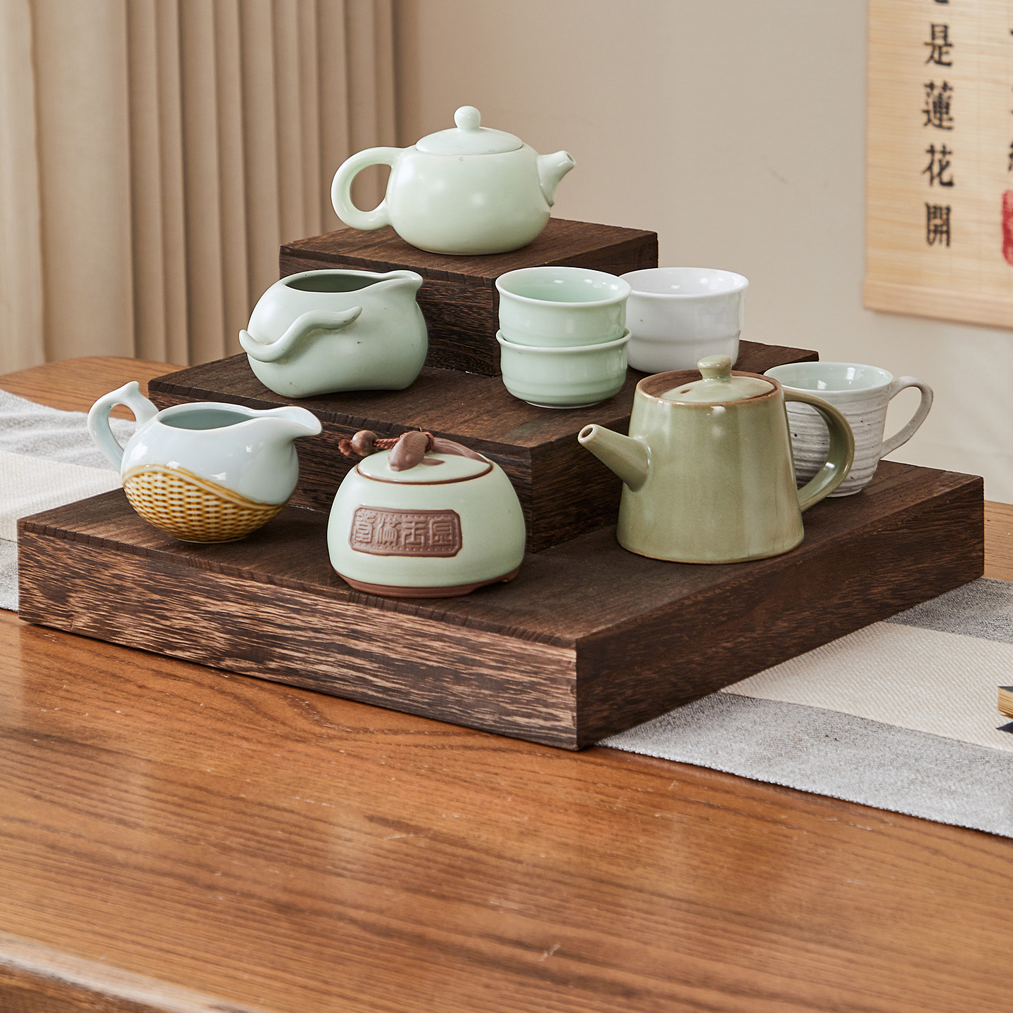 实木桌面阶梯展示架茶杯收纳架