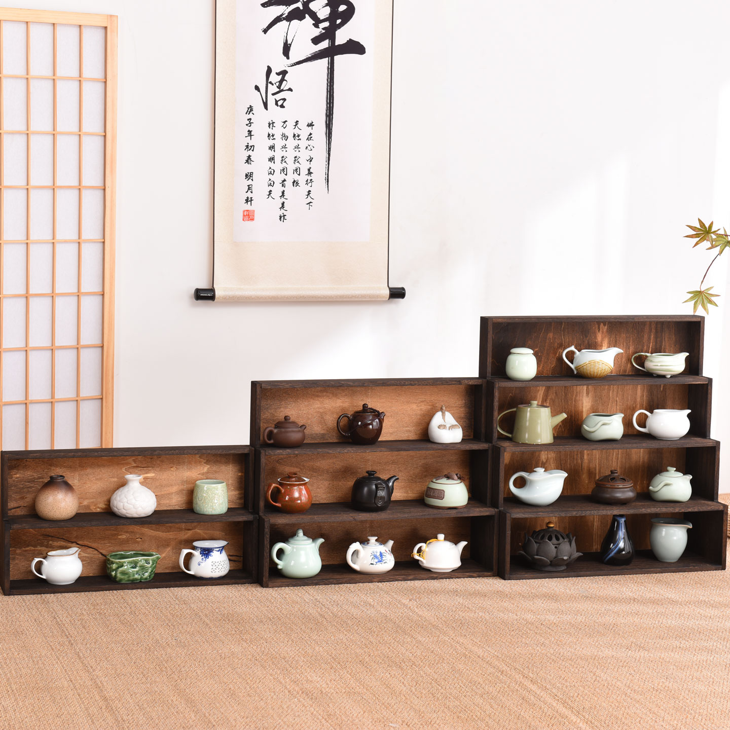 实木桌面收纳柜茶壶架摆件博古架