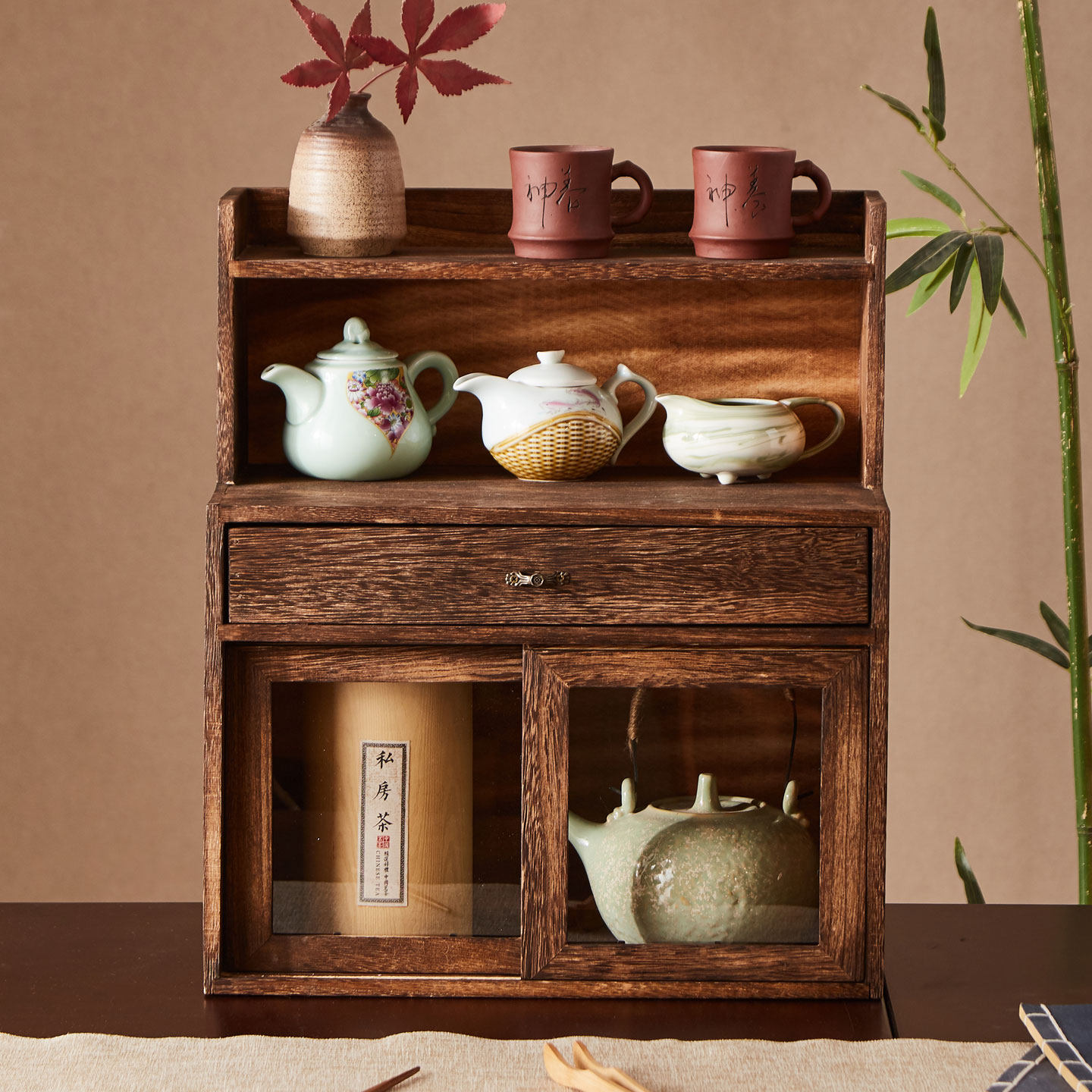 实木防尘茶具化妆品茶柜桌面博古架茶杯架紫砂壶摆放架收纳置物架