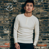 PrintAce Vintage咔叽复古重磅全棉纯色华夫格亨利领长袖 T恤6117