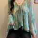 V领遮肚衬衫 大码 2025新款 女夏季 上衣 胖mm独特亮片晕染防晒雪纺衫