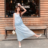 浅蓝色木耳边气质套装裙女2025夏新款韩系温柔风背心半身裙两件套，女装套装/套裙，2C268