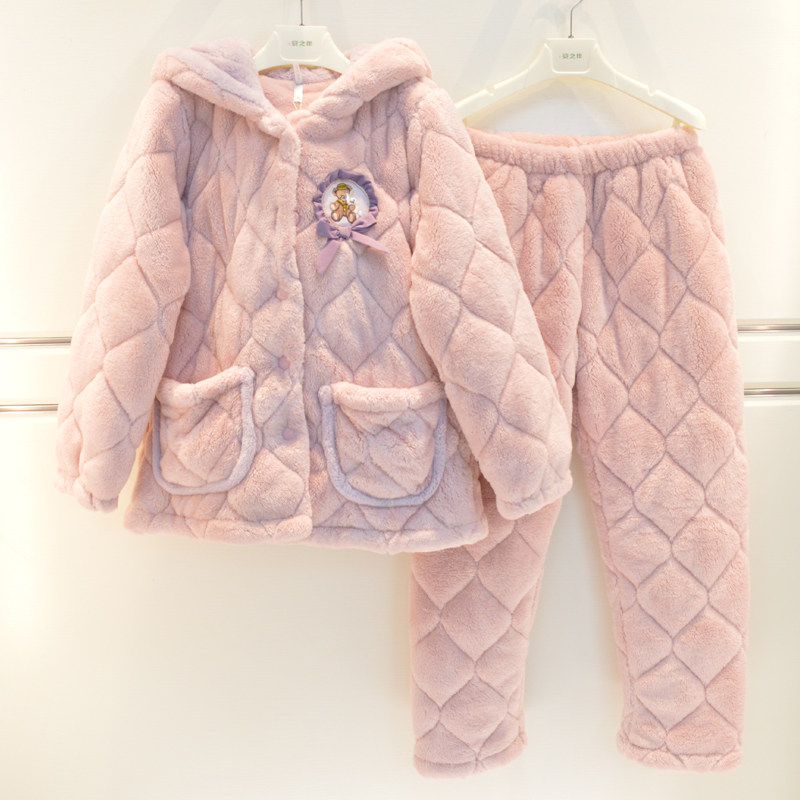 安之伴睡衣冬季女士长毛绒素色卡通可爱三层加厚夹棉带帽保暖套装,女士内衣/男士内衣/家居服,睡衣/家居服套装,淘宝优惠券,粉丝福利购,淘宝优惠卷