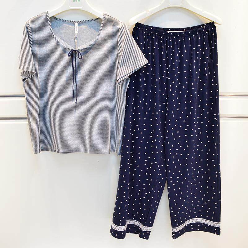 妮可雅睡衣夏季女士纯棉针织条纹甜美韩版可爱淑女短袖家居服套