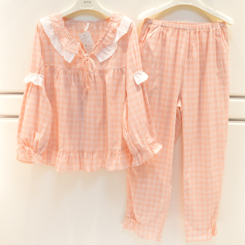 安之伴睡衣春夏季女士薄款梭织格子清凉甜美可爱淑女长袖家居服