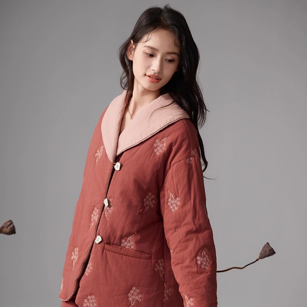 安之伴睡衣2026冬季女士梭织三层薄夹棉加厚时尚果子领保暖家居服