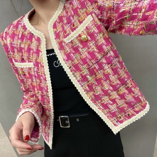 CHESTER CHARLES 22冬季女款玫瑰粉编织粗花呢小香风外套香港直邮