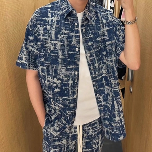 CHESTER CHARLES 2024夏季男款牛仔提花帅气衬衫短裤套装香港代购