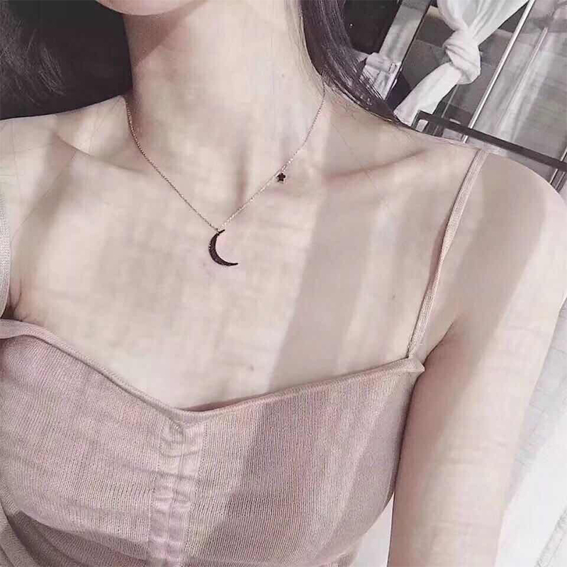 s925純銀黑色星月項鏈女韓版月亮簡約大方chic鎖骨鏈學生個性森系
