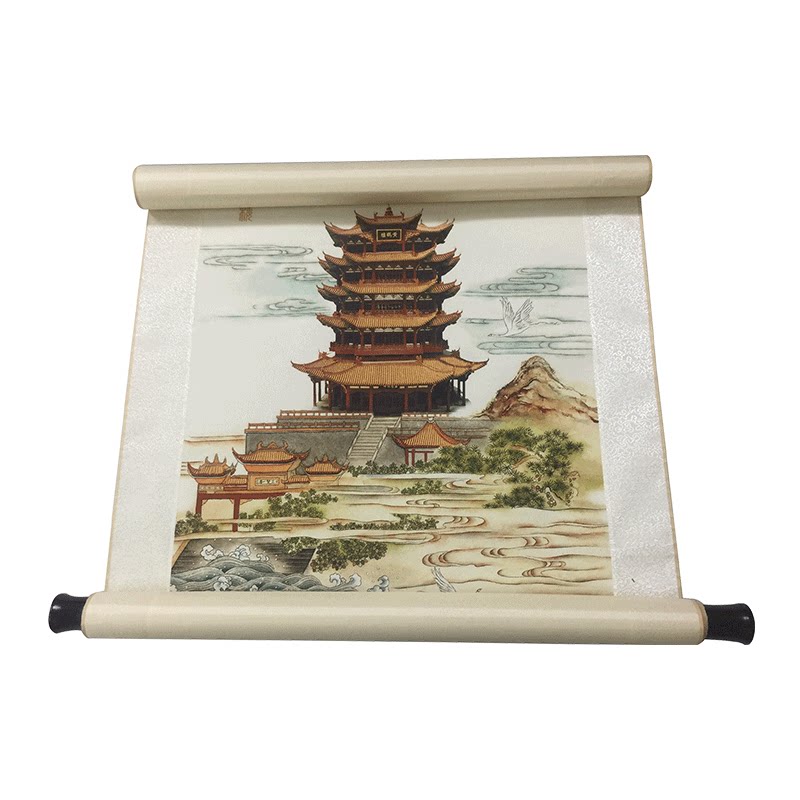 新品湖北武汉特色工艺礼品真丝彩色黄鹤楼卷轴画中国风送老外纪念