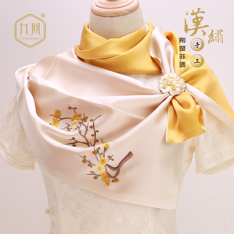 九凤湖北特色礼品市花梅花真丝丝巾围巾桑蚕丝100%妈妈礼服送老外
