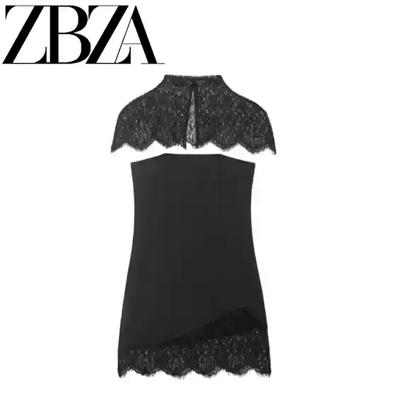 ZR Spring New Arrival ZA Women's European & American Style Fashionable High Neck Lace Blouse + Strapless Dress Set