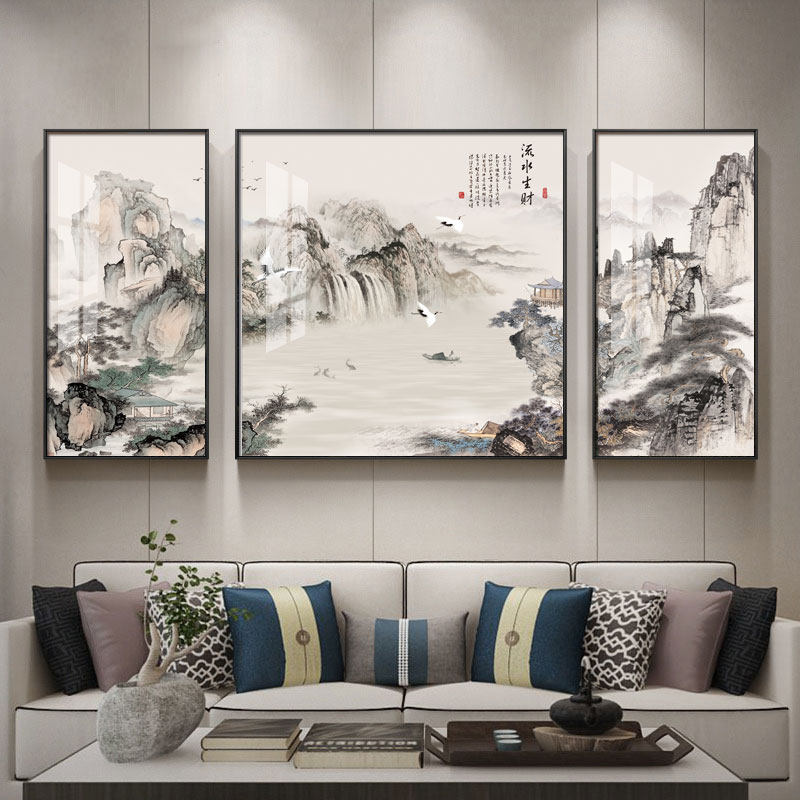 新中式山水画客厅装饰画办公室挂画大气沙发背景墙三联壁画流水生