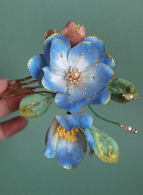 非遗手工绒花双色蚕丝牡丹发梳汉服配饰簪花插梳古风传统宫廷头饰