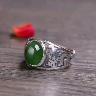仿和田玉碧玉男士 戒指复古风绿宝石开口气质白金色扳指民族风指环