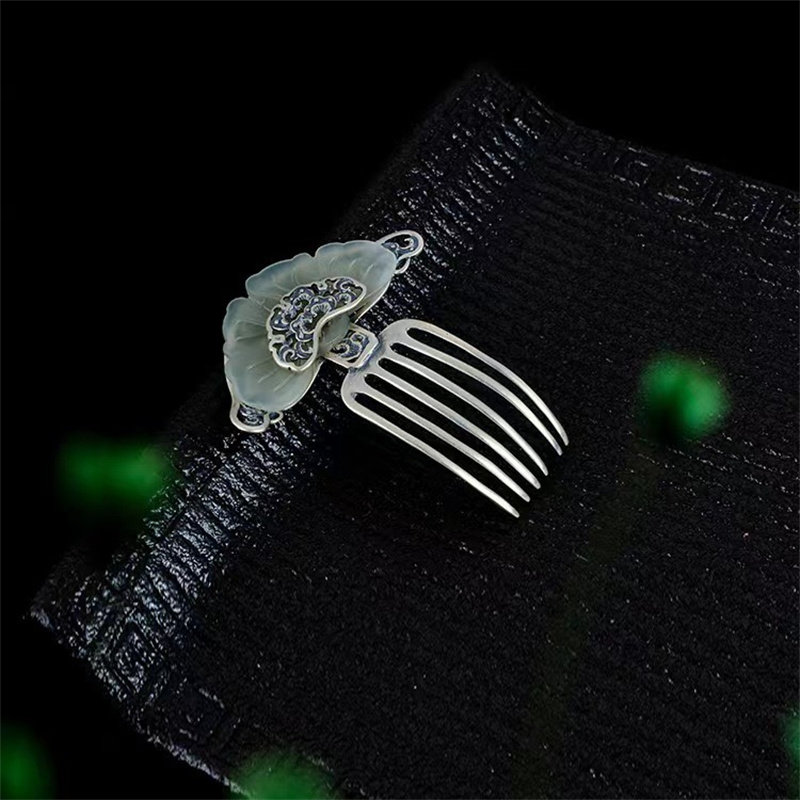 古风做旧哑光宽版高级感发梳女花纹雕刻玉石短款发簪古典古装发饰
