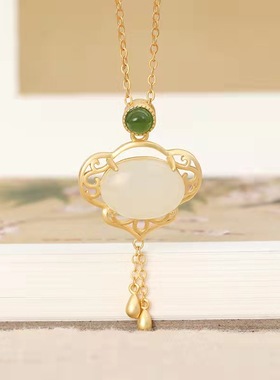 古法金吉祥如意方牌古风玉石项链