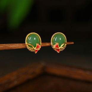 S925纯银三生有幸玉石耳钉女小众设计杏叶耳饰秋冬季旗袍汉服耳环