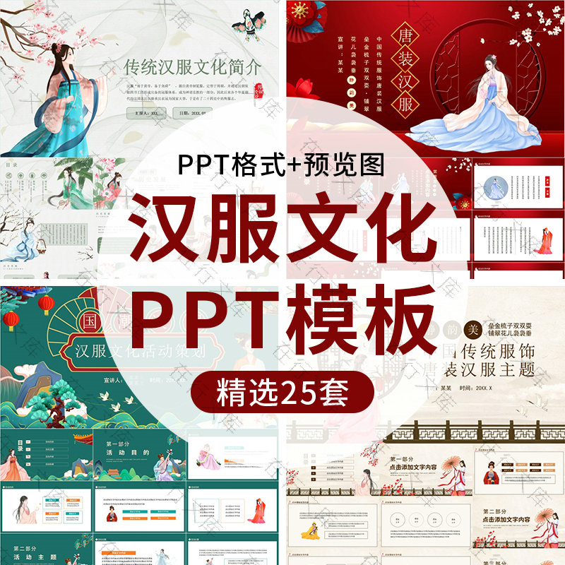 古典中式汉服文化介绍PPT模板中国风传统服装古装女装唐装衣服饰