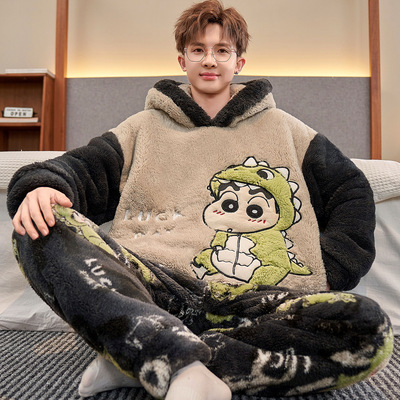 男士珊瑚绒加厚加绒睡袍套装