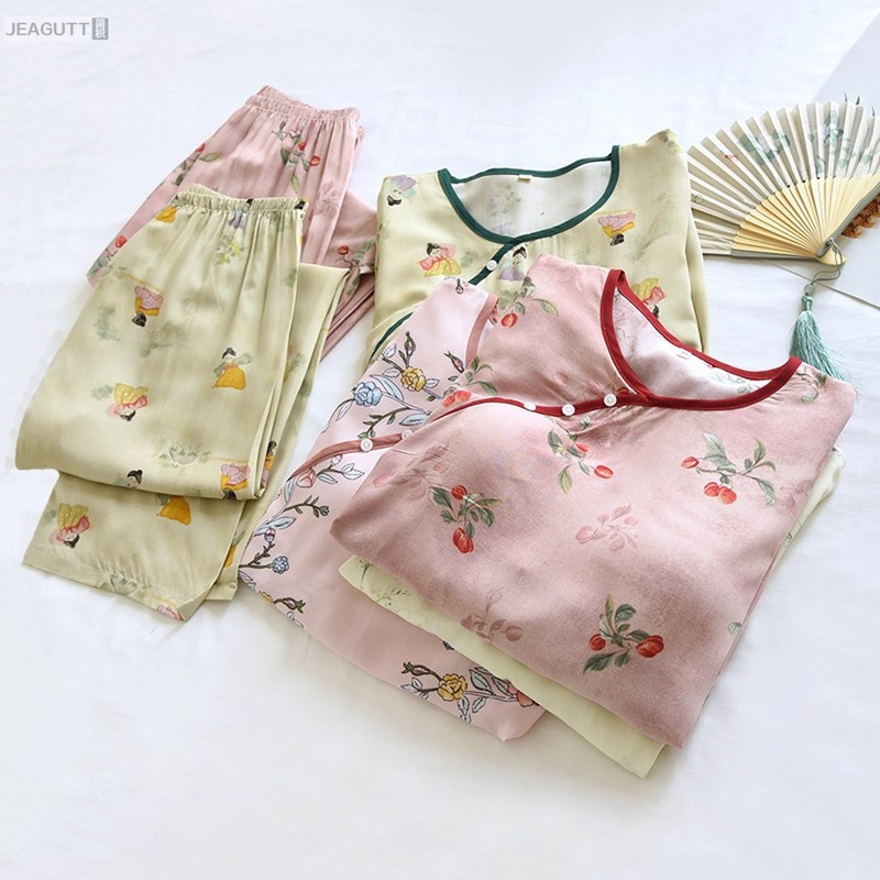 新中式国风带胸垫睡衣女夏季纯棉