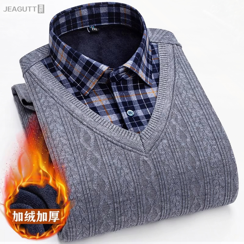 冬季男士保暖内衣假两件衬衫领针织衫加绒加厚毛衣带领男外穿上衣