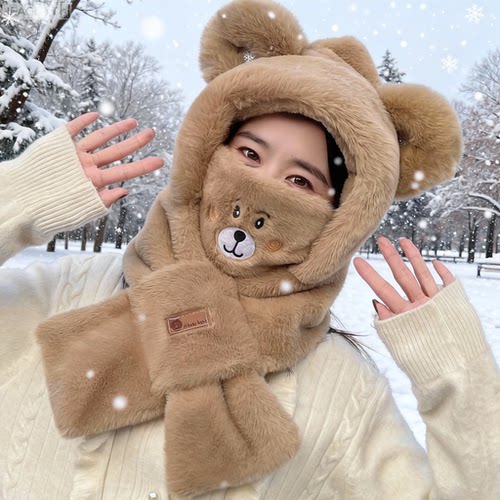 秋冬女护耳围巾一体加厚保暖帽