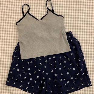 ins韩风吊带睡衣女夏款 带胸垫网红笑脸短裤 夏天可外穿家居服套装