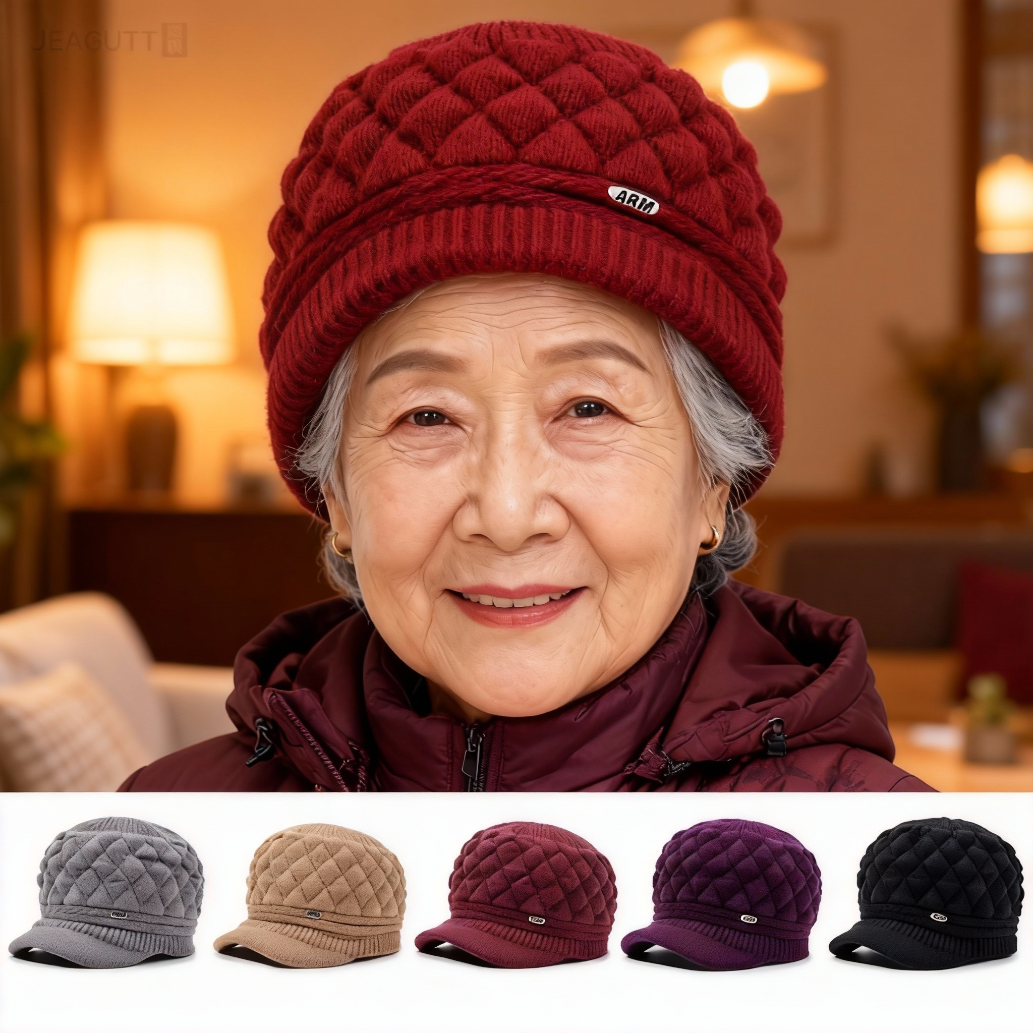 老太太帽子冬季加绒加厚保暖针织帽中老年套头帽子奶奶妈妈毛线帽