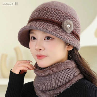 中老年女冬季加绒羊毛呢保暖盆帽