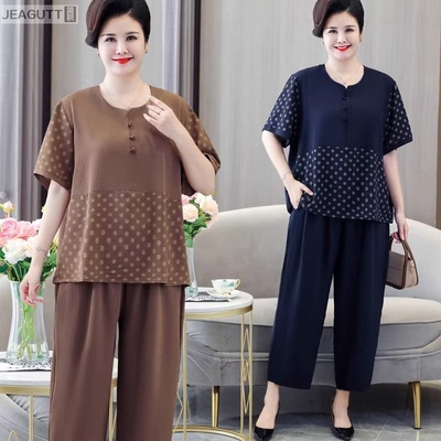 特大码妈妈夏装套装短袖T恤中老年女夏季加肥加大胖老人上衣薄款