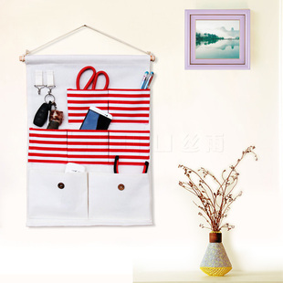 siyu棉麻 布艺条纹挂式收纳挂袋储物袋壁挂多层挂墙置物袋5兜包邮