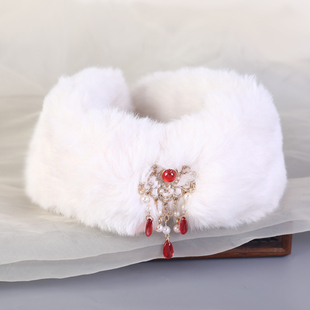 加厚双面毛卧兔毛条毛绒抹额冬季保暖兔毛围领毛领汉服旗袍围巾女