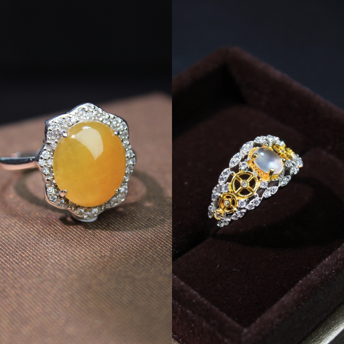 天然翡翠缅甸A货白冰 冰黄 冰种925银镀k金镶戒指指环