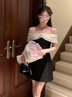 生日小礼裙高级赫本小黑裙法式一字肩礼服成人礼富家千金连衣裙