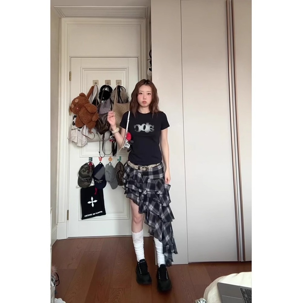 复古辣妹荷叶边格子半身裙女20时尚套装