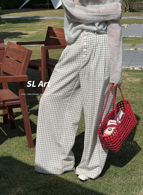 【杨黑黑】韩系百搭款格子休闲裤女 25春新款 高腰阔腿裤扣子长裤