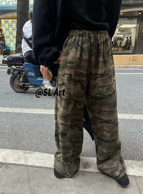 杨黑黑韩版磨毛加绒迷彩裤女 冬季加厚阔腿休闲裤松紧腰迷彩长裤